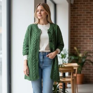 Kilronan Irish 100%‎ Pure New Merino Wool Green Chunky Knit 3/4 Sleeve Jacket S